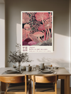 Beauty grows where no one's watching pink mushroom print above a wooden dining table with olive branches and stoneware