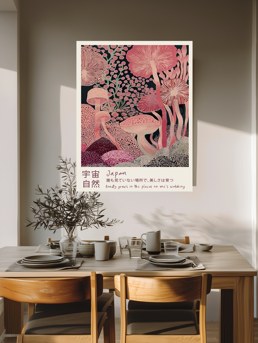 Beauty grows where no one's watching pink mushroom print above a wooden dining table with olive branches and stoneware