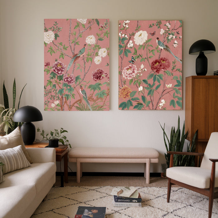 Chinoiserie Birds and Peonies Print Set of Two | Pink Botanical Wall Art | Bird Floral Garden Illustration