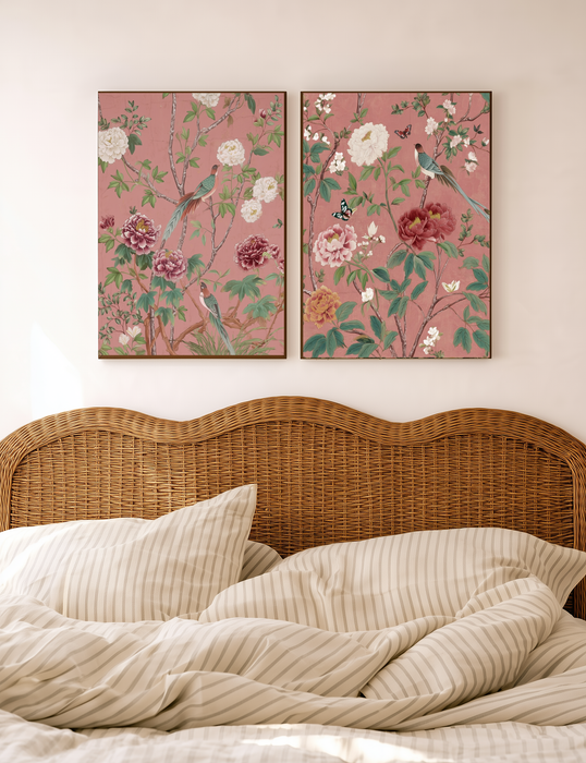 Chinoiserie Birds and Peonies Print Set of Two | Pink Botanical Wall Art | Bird Floral Garden Illustration