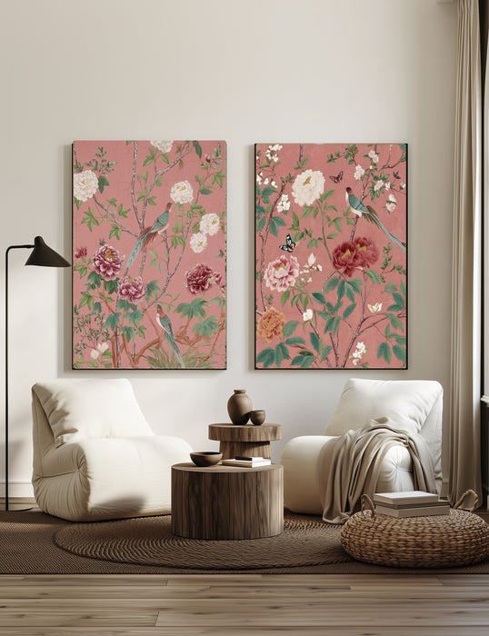 Chinoiserie Birds and Peonies Print Set of Two | Pink Botanical Wall Art | Bird Floral Garden Illustration