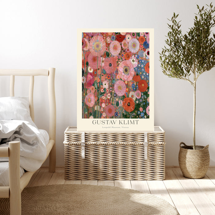 Close up of pink poppy garden art print showing painterly flowers, cornflowers and golden mosaic detail