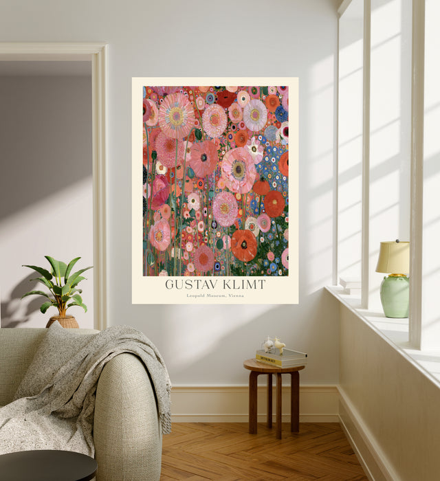 Pink poppy flower garden wall art print shown in a styled room setting, Stanley Street Studio