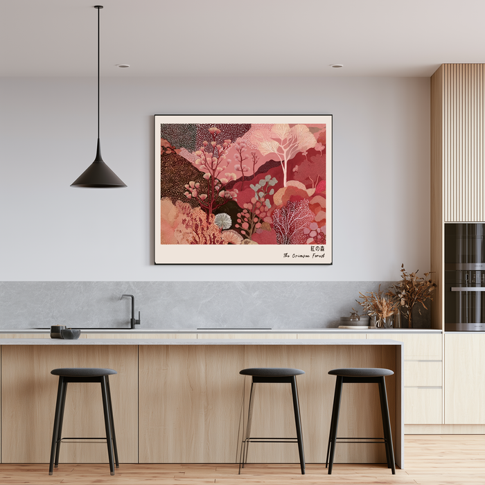 The Crimson Forest  Japanese Abstract Landscape Print | Burgundy & Blush Pink Botanical Wall Art | Giclée Fine Art