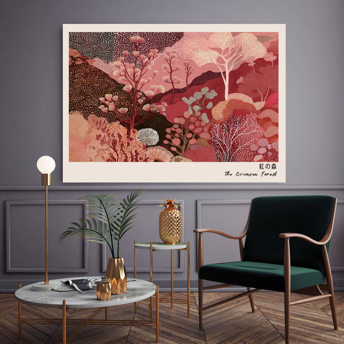 The Crimson Forest  Japanese Abstract Landscape Print | Burgundy & Blush Pink Botanical Wall Art | Giclée Fine Art