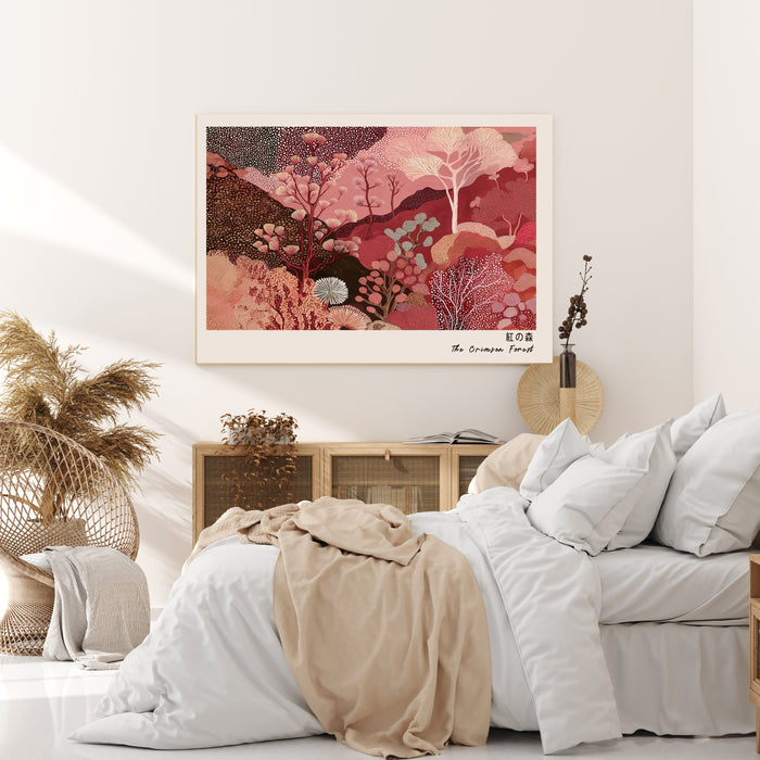 The Crimson Forest  Japanese Abstract Landscape Print | Burgundy & Blush Pink Botanical Wall Art | Giclée Fine Art