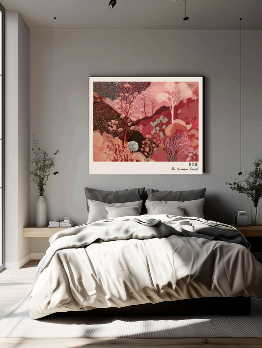 The Crimson Forest  Japanese Abstract Landscape Print | Burgundy & Blush Pink Botanical Wall Art | Giclée Fine Art