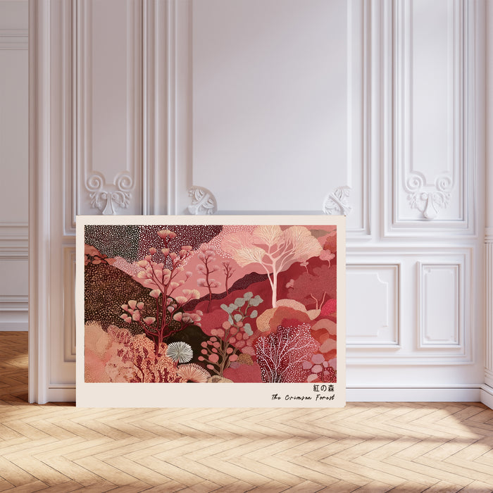 The Crimson Forest  Japanese Abstract Landscape Print | Burgundy & Blush Pink Botanical Wall Art | Giclée Fine Art