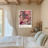 Pink mushroom botanical art print on a beamed bedroom wall with linen curtains and sage green bedding