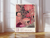 Pink mushroom art print in a gold frame with the Japanese proverb Beauty grows in the places no one's watching, fluted pink fungi on a dark background