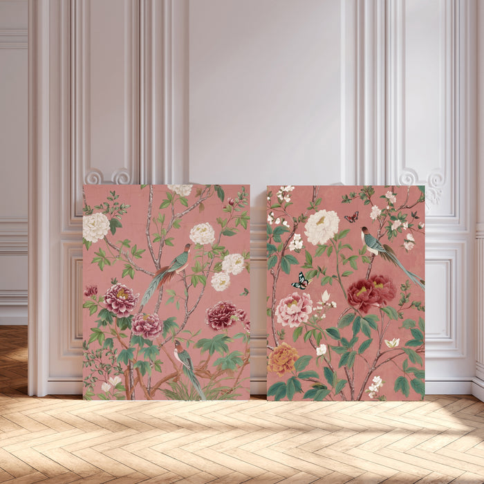 Chinoiserie Birds and Peonies Print Set of Two | Pink Botanical Wall Art | Bird Floral Garden Illustration
