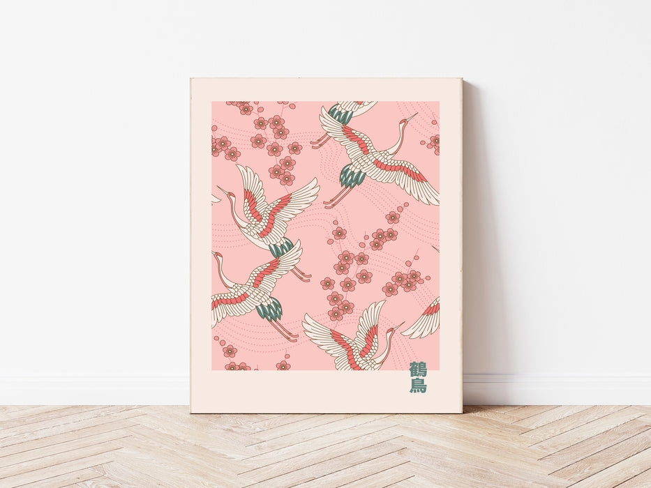 Japanese Vintage Pink Wood Block Cranes Art Print