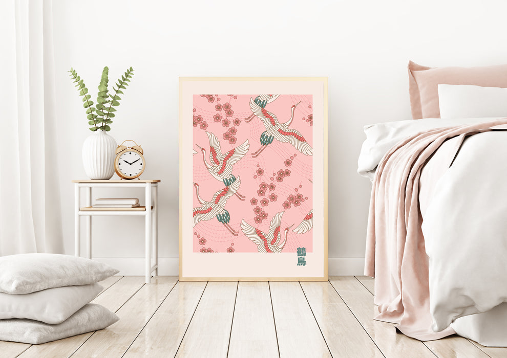 Japanese Vintage Pink Wood Block Cranes Art Print