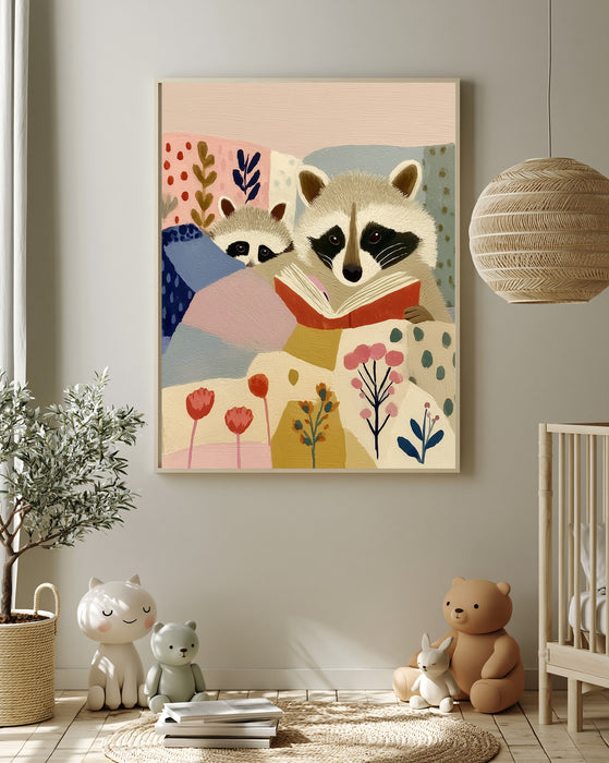Racoon Book Reading Nursery Art Print