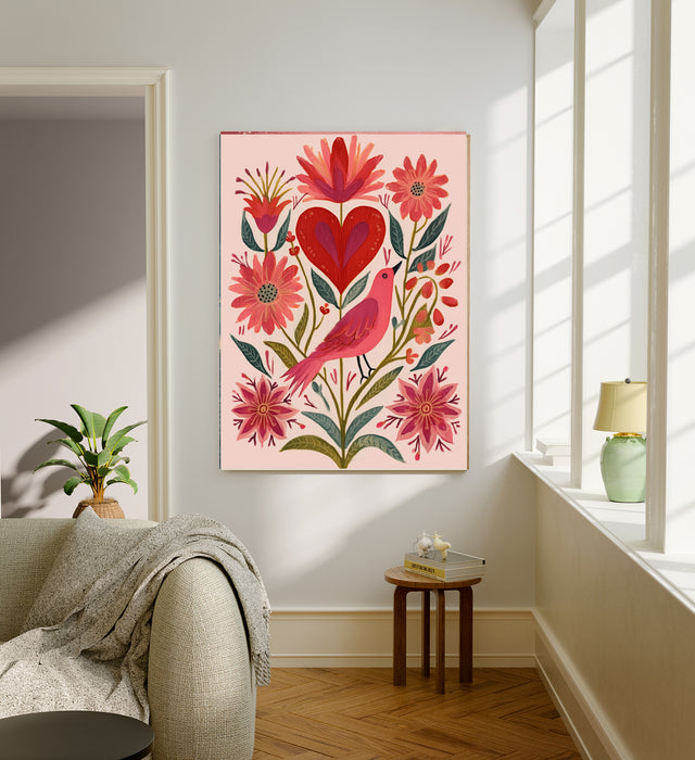 Pink Heart Flower Folk Style Art Print