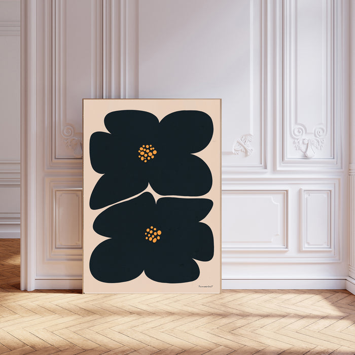 Black Mid century Flower Art Print