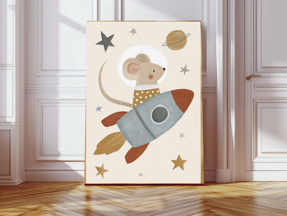 Rocket Space Mouse Nursery Art Print