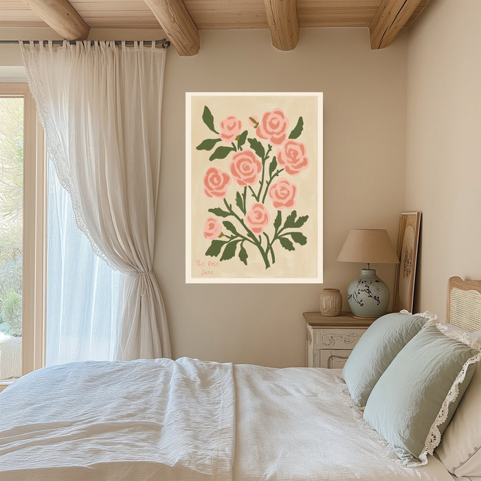 Rose birth flower print on a beamed bedroom wall with linen curtains and sage green bedding