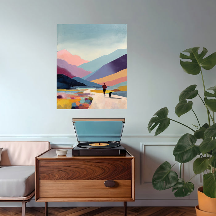Runner with Dog Landscape Mountain Art Print