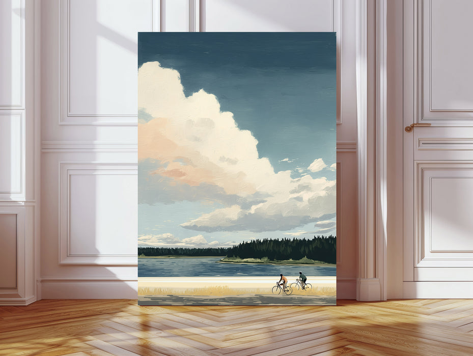 Lakeside Cycling Landscape Art Print
