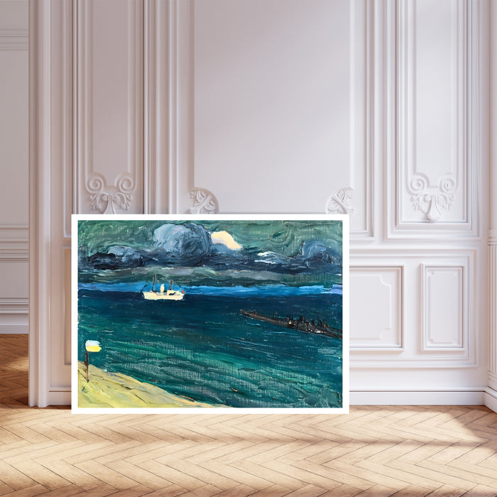 Kandinsky Stormy Sea and Steamer Print | Teal Blue Expressionist Seascape Poster | Coastal Landscape Wall Art
