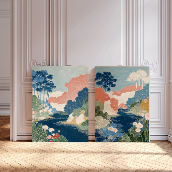 Japanese Mountain Landscape Set Of Two Art Prints