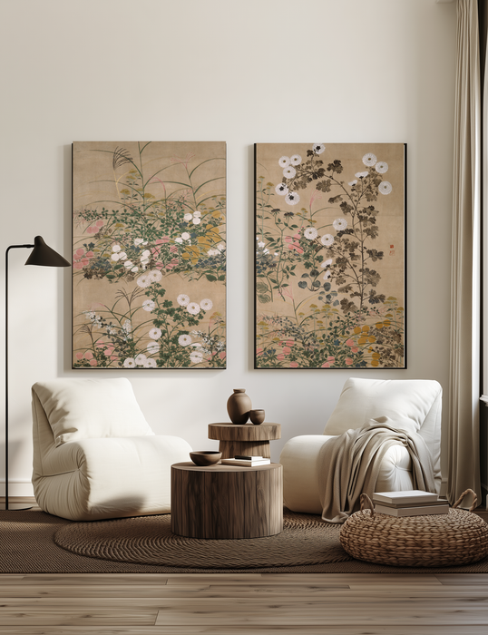 Ogata Korin Autumn Flowers Print Set of Two | Japanese Rinpa Botanical Wall Art | Chrysanthemum Gold Wall Art
