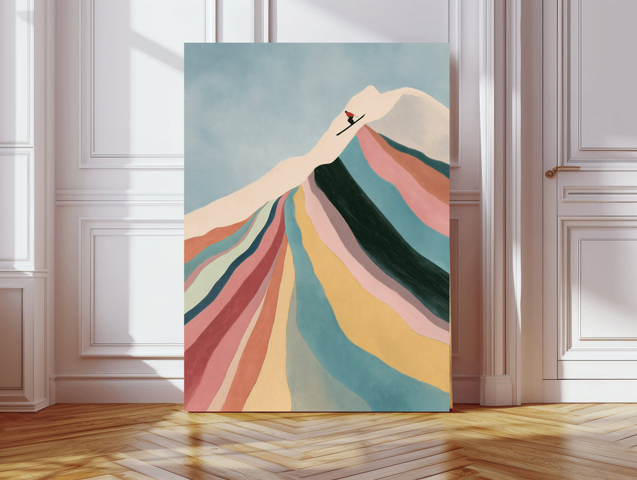 Retro ski mountain print on a warm neutral dining room wall above an oak table set for two