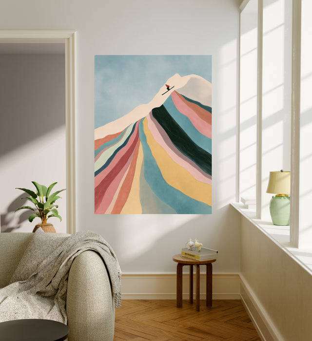 Contemporary skier wall art in a sunlit living room above a wooden side table with boucle armchair