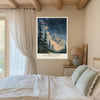 Navy and peach Milky Way forest wall art framed above a sofa