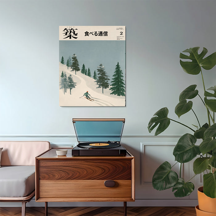 Framed Japanese ski print above a mid century sideboard with record player and monstera plant