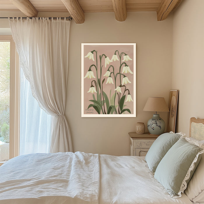 Snowdrop January birth flower print on a beamed bedroom wall with linen curtains and sage green bedding