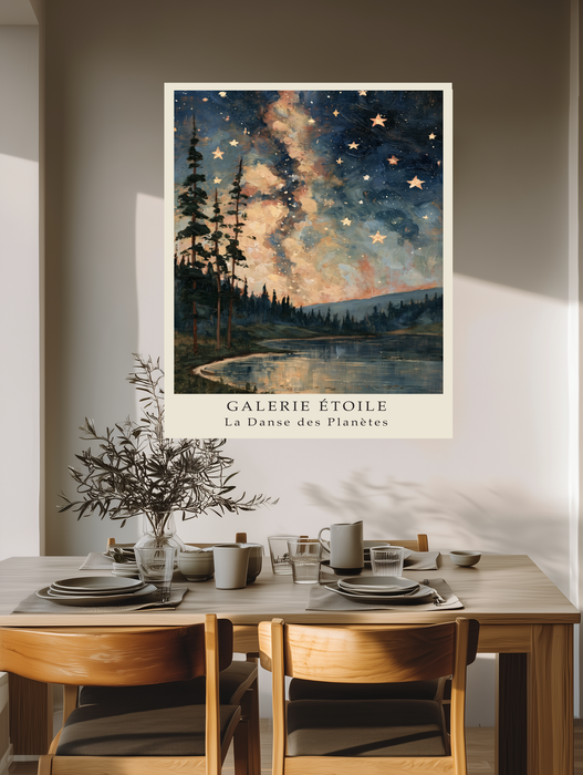 Navy and gold celestial wall art with glowing stars above tall pines