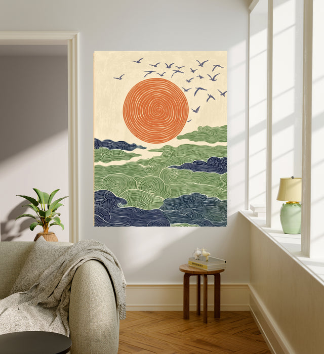 Japanese Sunset Ocean Waves Landscape Art Print