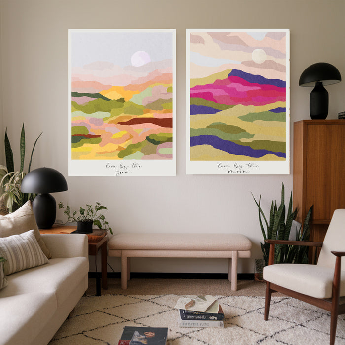 Sun and Moon Celestial Landscape Art Prints Set Of Two
