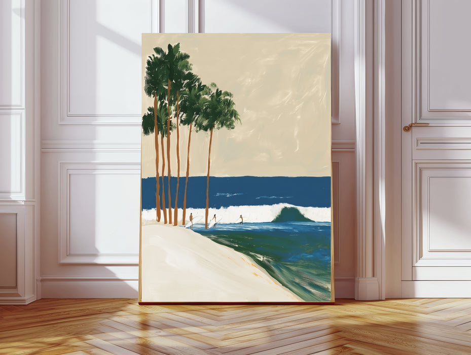 Coastal surf art print — palm trees beach surfers blue ocean waves — giclée wall art — Stanley Street Studio