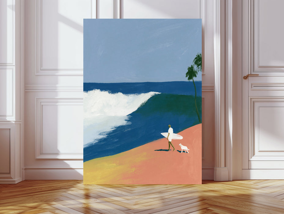 Surfer and Dog Beach Landscape Art Print