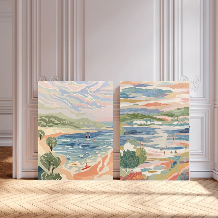 Surfing Coastal Set Of Two Landscape Art Prints