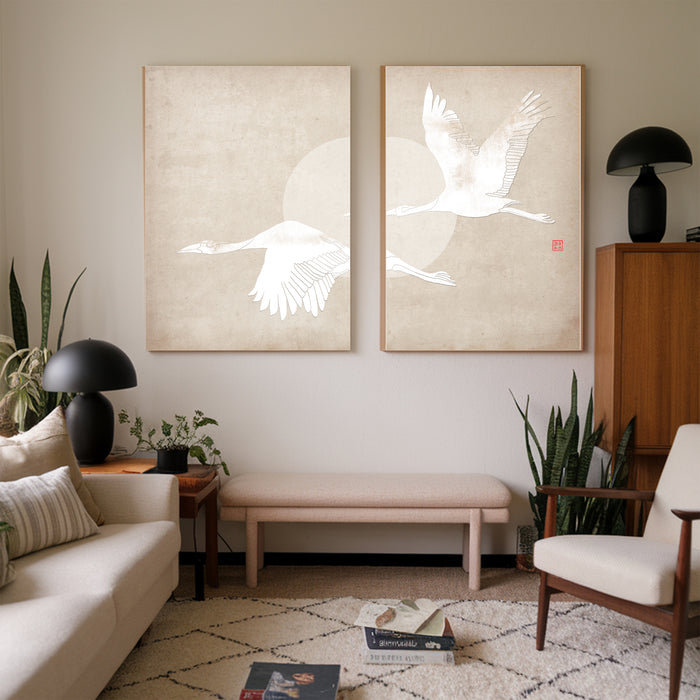 Set of Two Japanese White Crowned Cranes Art Prints