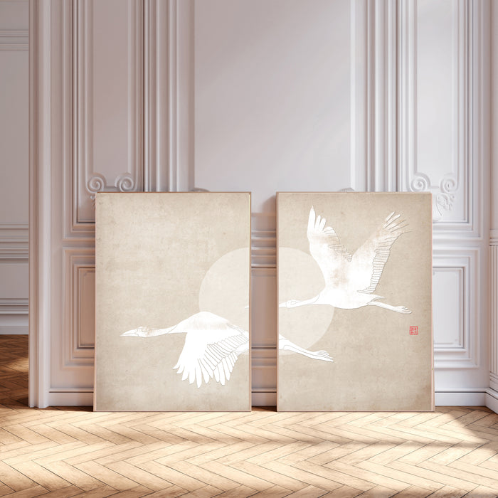 Set of Two Japanese White Crowned Cranes Art Prints