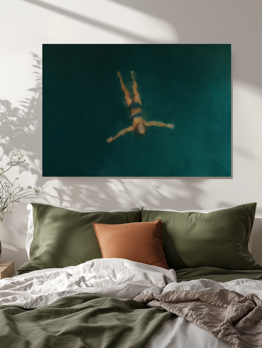 Floating Swimmer Print | Dark Green Water Minimal Poster | Calming Landscape Wall Art