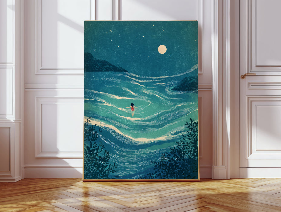Moonlight Swim Sea Landscape Art Print