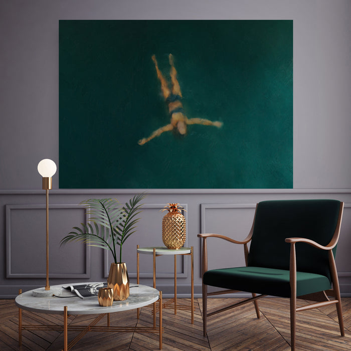 Floating Swimmer Print | Dark Green Water Minimal Poster | Calming Landscape Wall Art