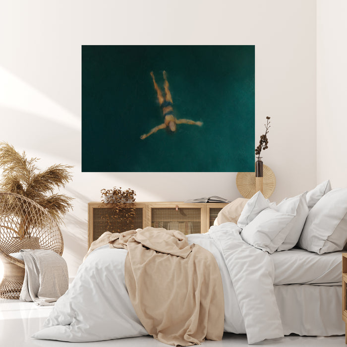 Floating Swimmer Print | Dark Green Water Minimal Poster | Calming Landscape Wall Art