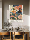 Small things given time become forests polka dot flower print above a wooden dining table with olive branches and stoneware
