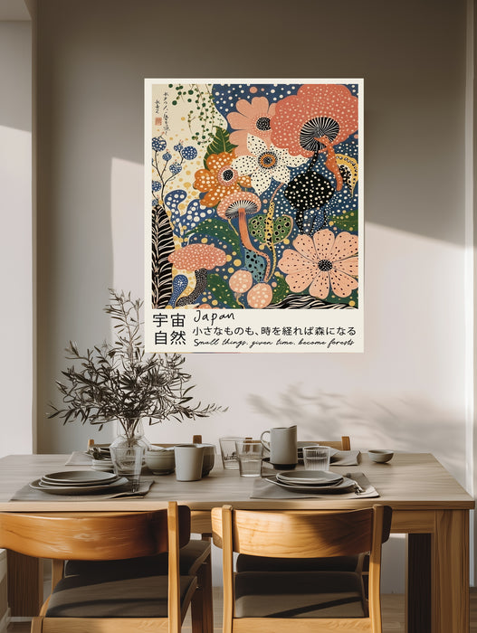 Small things given time become forests polka dot flower print above a wooden dining table with olive branches and stoneware