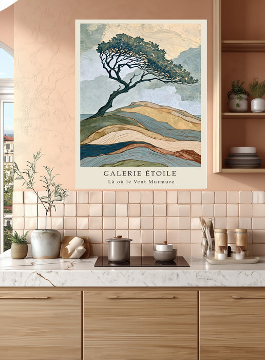 Windswept tree French gallery style print in a warm blush kitchen