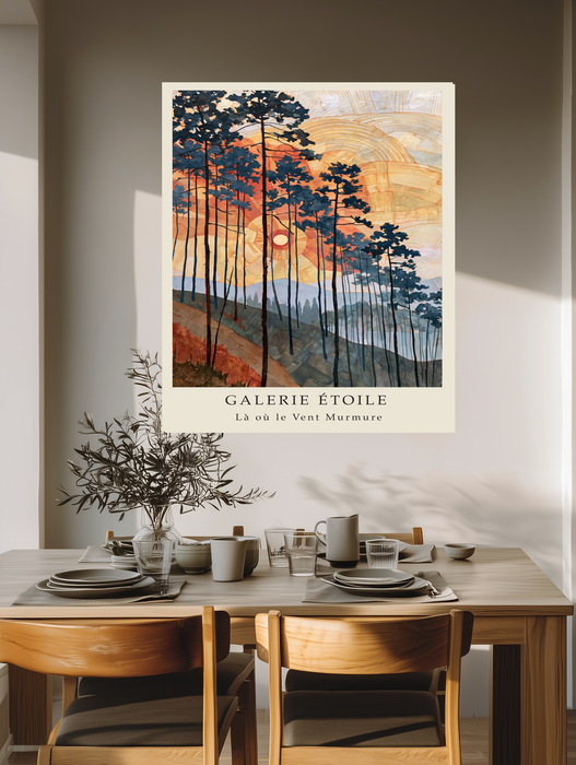 Les Pins Dorés Golden Pines Sunset Print | Art Nouveau Forest Landscape Wall Art | Orange & Navy Giclée Fine Art
