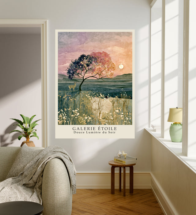 Framed Douce Lumière du Soir pastel meadow art print with cream border and French lettering