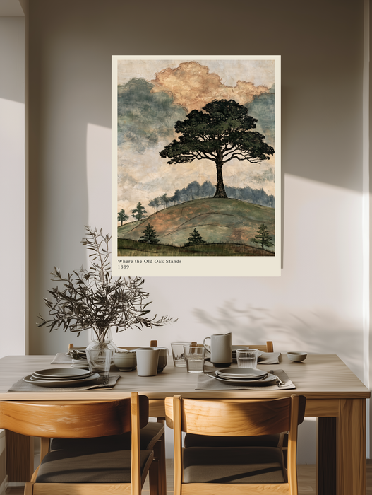 Textured oak tree on rolling hillside giclée print with blue-grey woodland